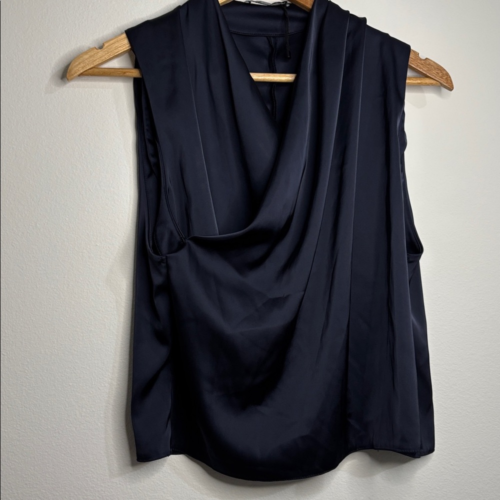 Zara Navy Sleeveless Drape Blouse